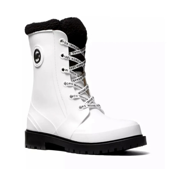 Michael Kors Montaigne Faux Shearling-Lined PVC Rain Boot White Black size 9 - Picture 1 of 8